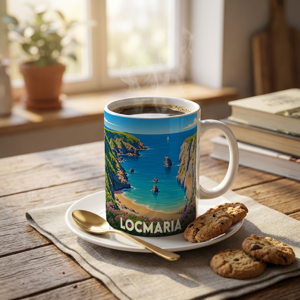 Mug souvenir de la ville de Locmaria illustré d'un paysage côtier stylisé.