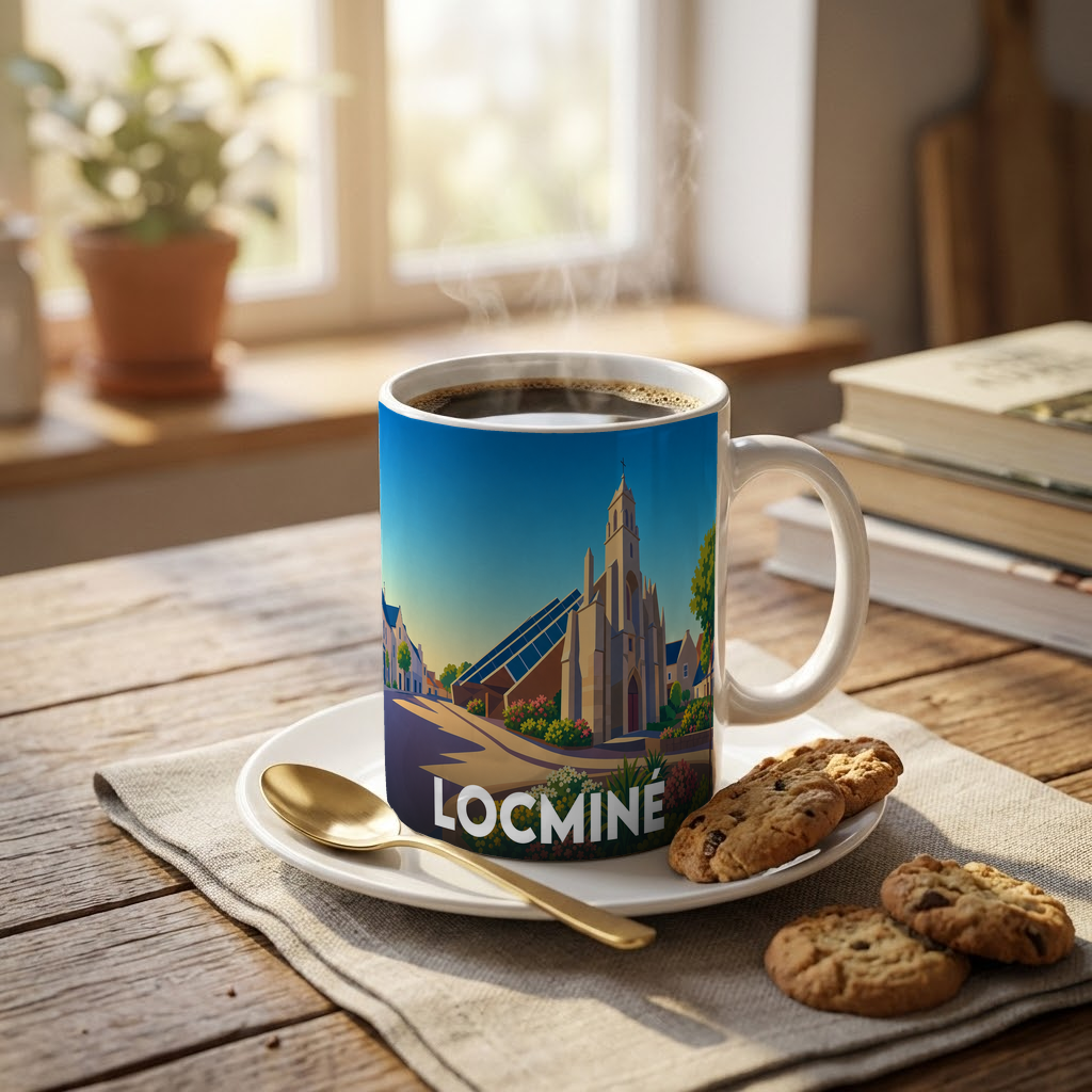 Mug souvenir de la ville de Locminé avec une illustration stylisée de ses monuments.