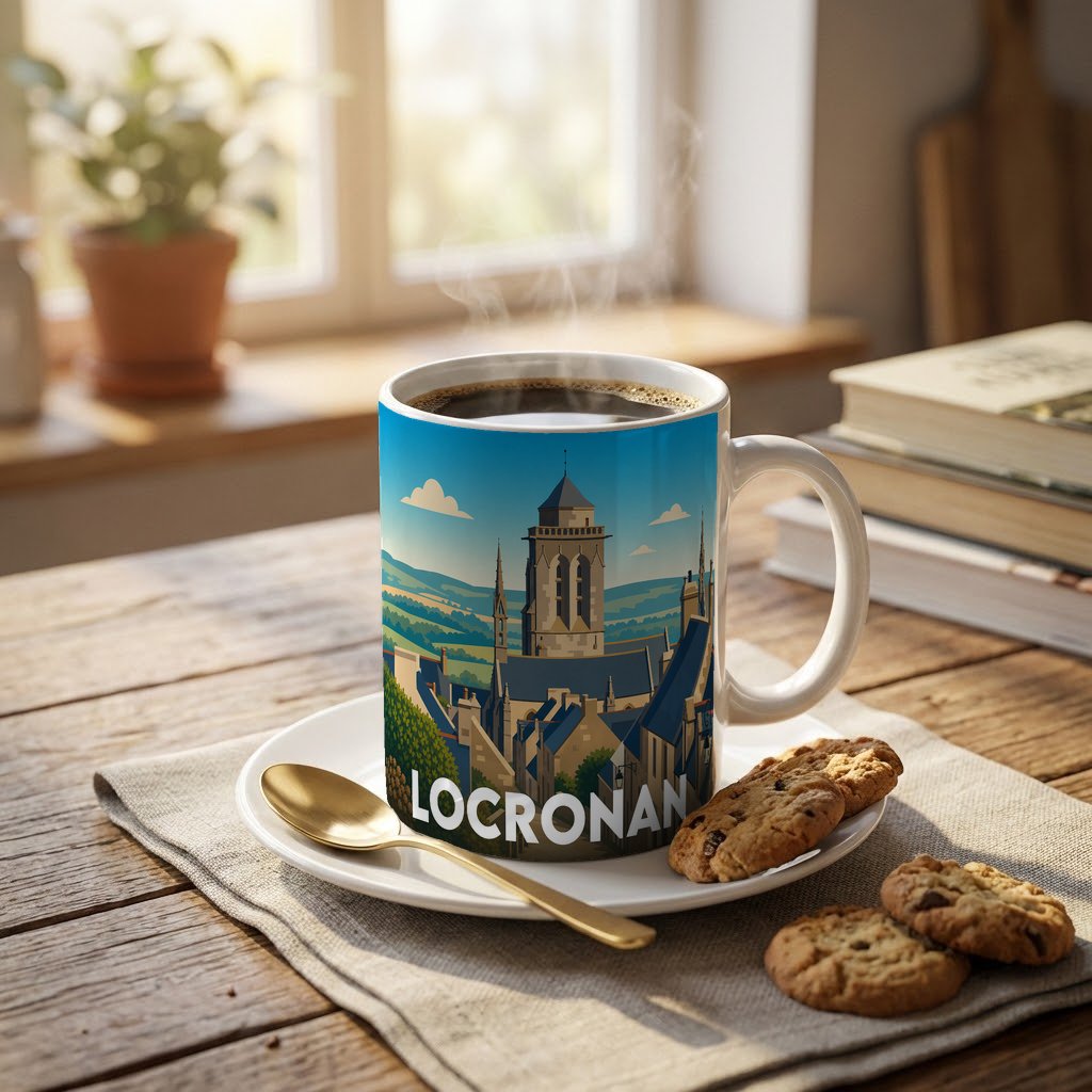 Mug souvenir de la ville de Locronan avec une illustration stylisée de son église et de ses toits.
