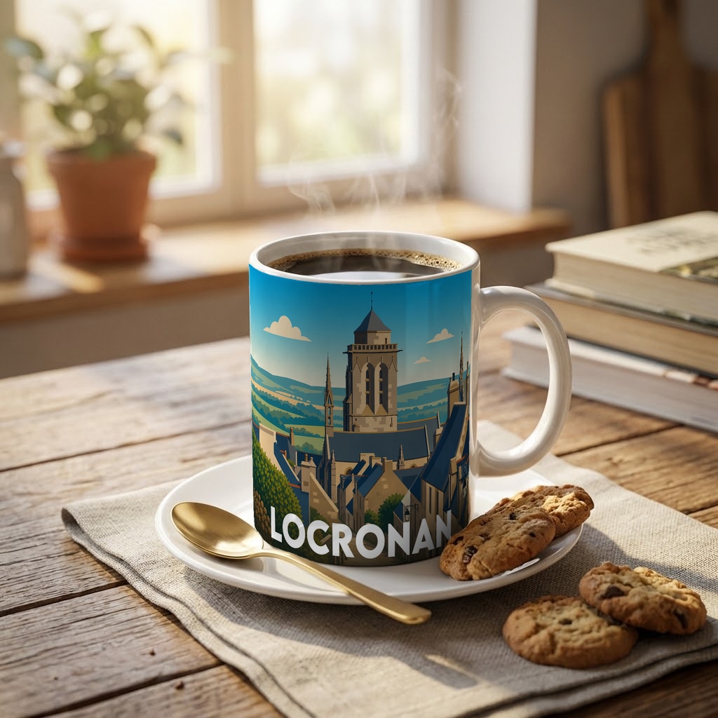 Mug souvenir de la ville de Locronan avec une illustration stylisée de son église et de ses toits.