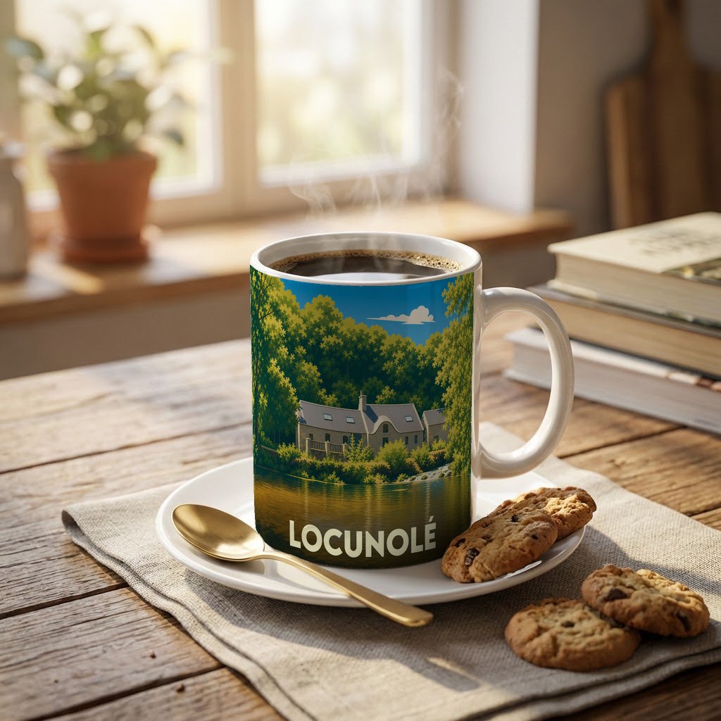 Mug souvenir de la ville de Locunolé orné d'une illustration stylisée d'un paysage naturel et de maisons au bord de l'eau.