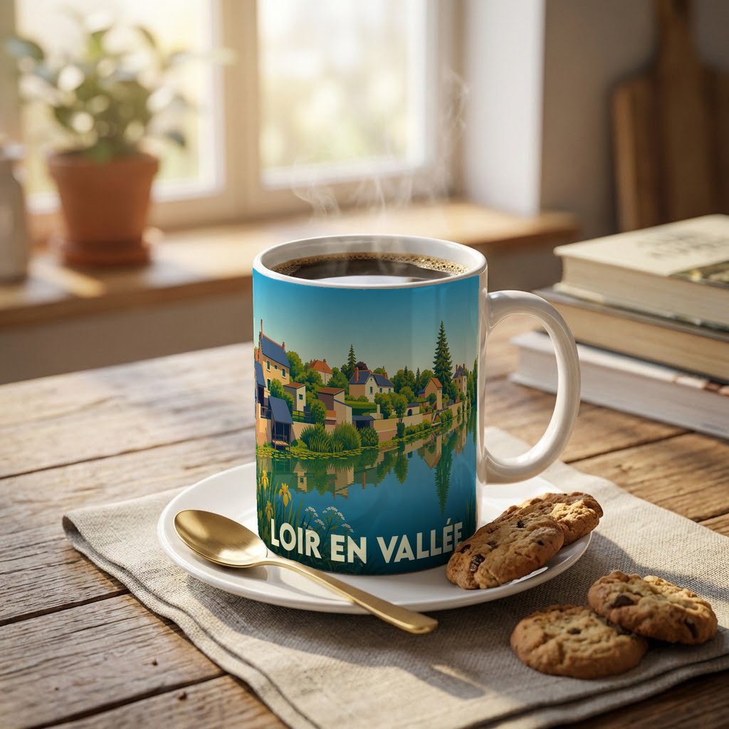 Mug souvenir de la ville de Loir en Vallée avec une illustration stylisée d'un paysage de bord de rivière.