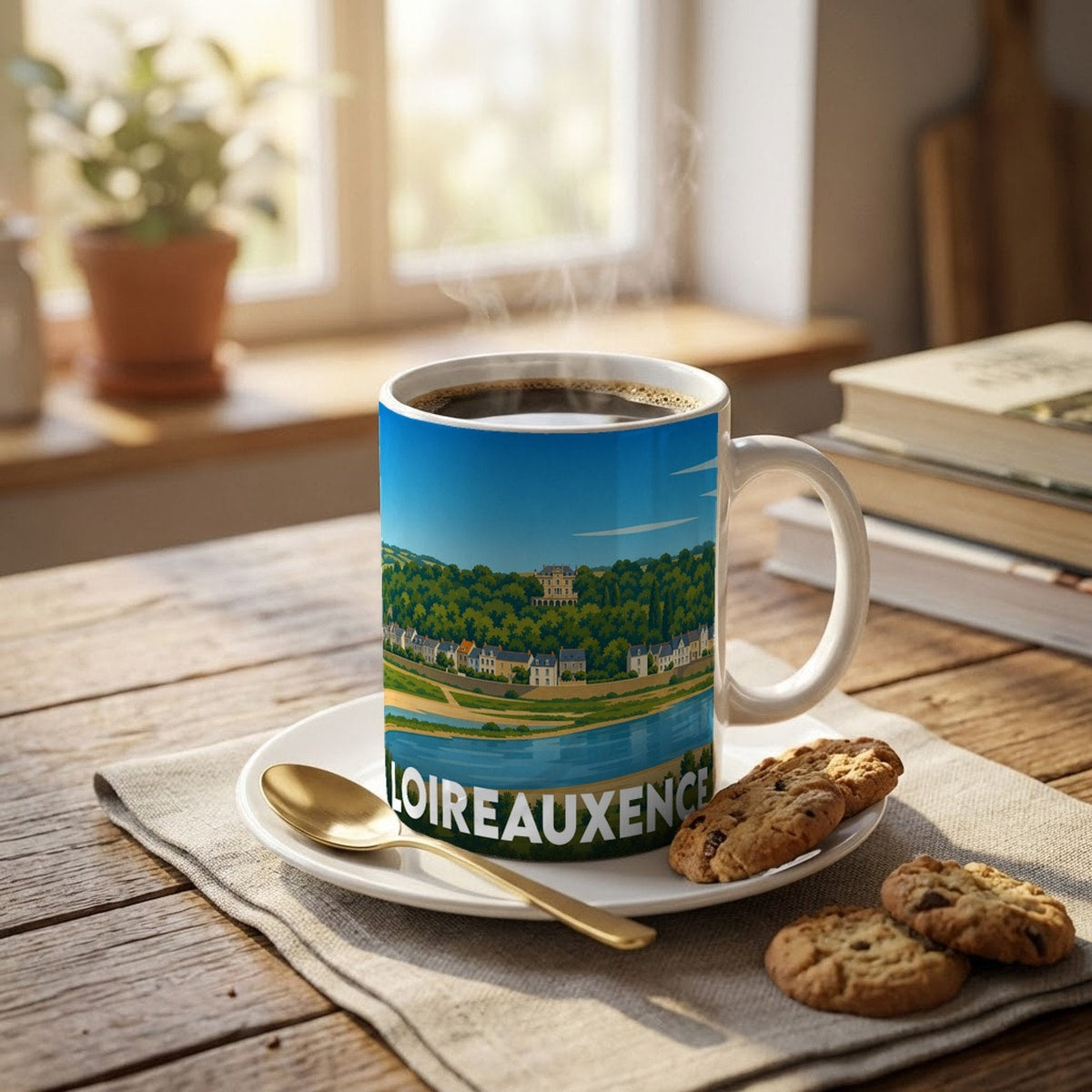 Mug souvenir de la ville de Loireauxence orné d'une illustration stylisée de son paysage et de son patrimoine.