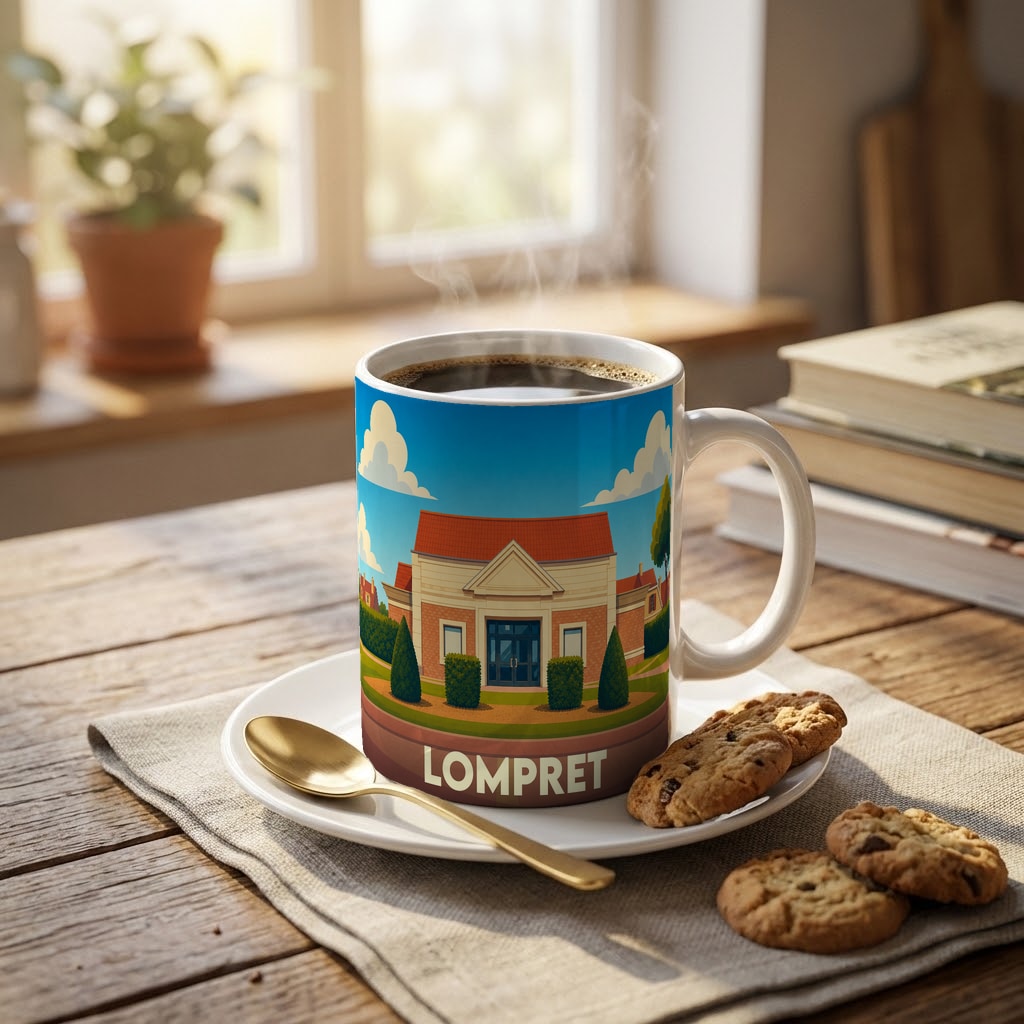 Mug souvenir de la ville de Lompret avec une illustration stylisée d'un bâtiment remarquable.