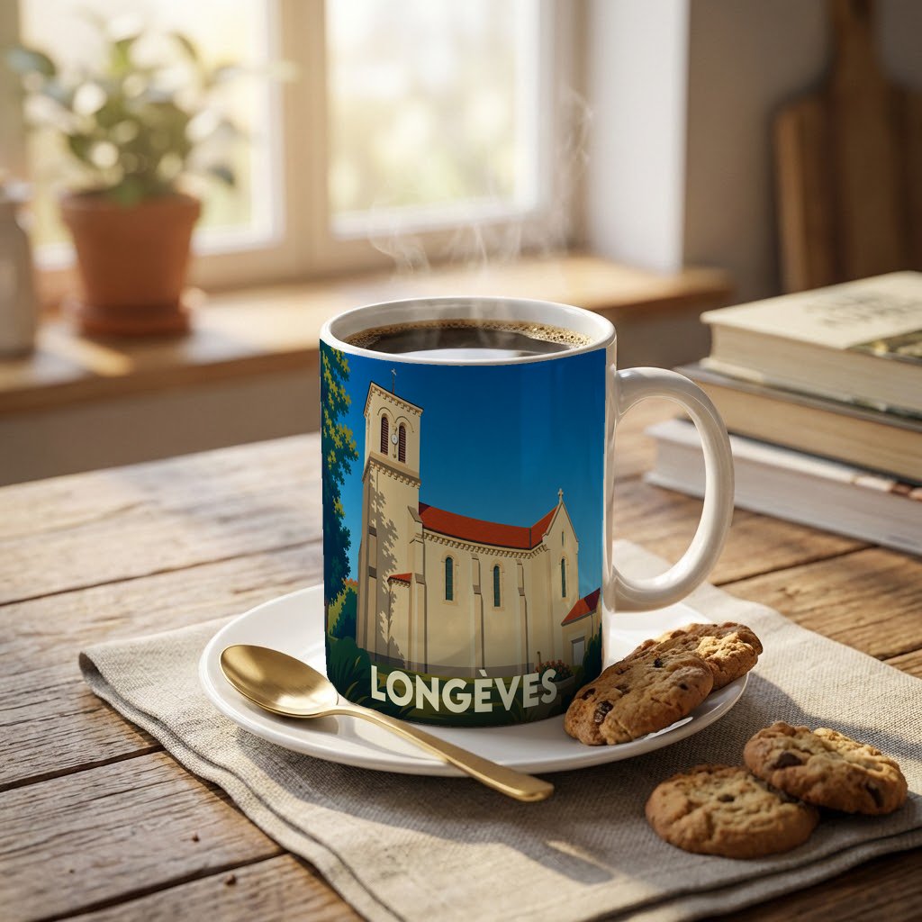 Mug souvenir de la ville de Longèves avec une illustration stylisée de son église.