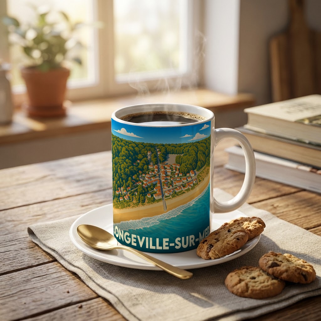 Mug souvenir de la ville de Longeville-sur-Mer avec une illustration stylisée du littoral.