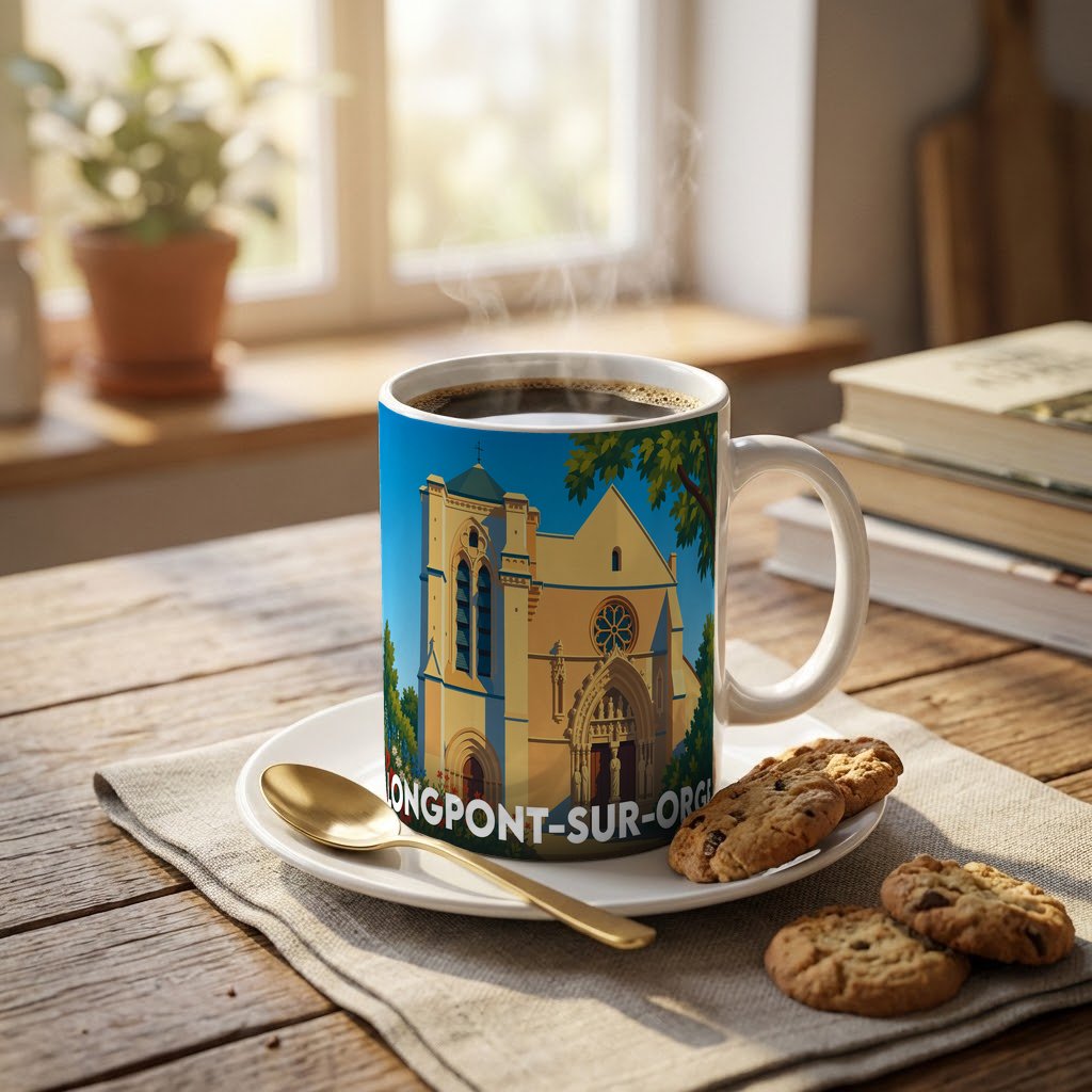 Mug souvenir de la ville de Longpont-sur-Orge illustré d'un dessin stylisé de sa basilique.