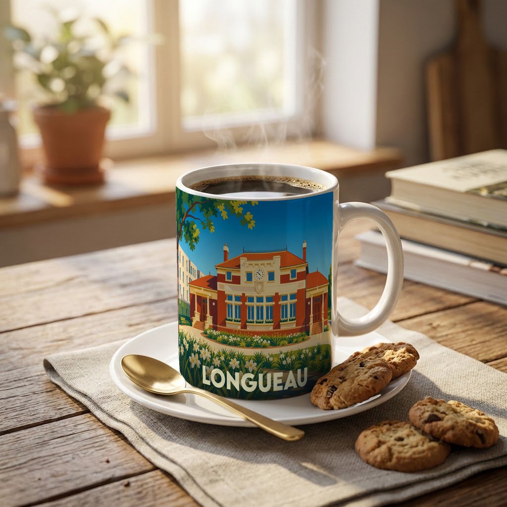 Mug souvenir de la ville de Longueau avec une illustration stylisée de son hôtel de ville.