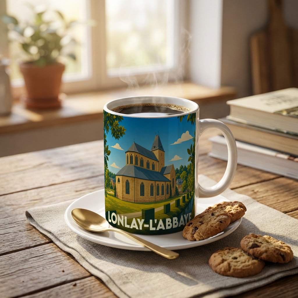 Mug souvenir de la ville de Lonlay-l'Abbaye orné d'une illustration stylisée de son abbaye.