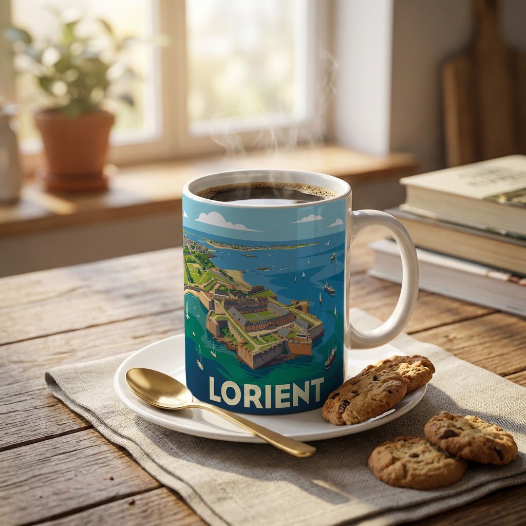 Mug souvenir de la ville de Lorient avec une illustration stylisée.