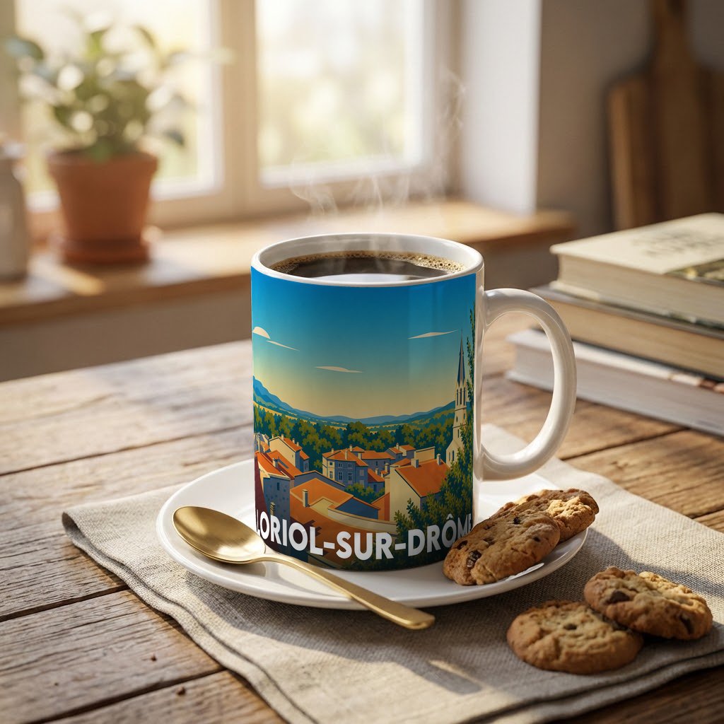 Mug souvenir de la ville de Loriol-sur-Drôme orné d'une illustration colorée et stylisée du paysage local.