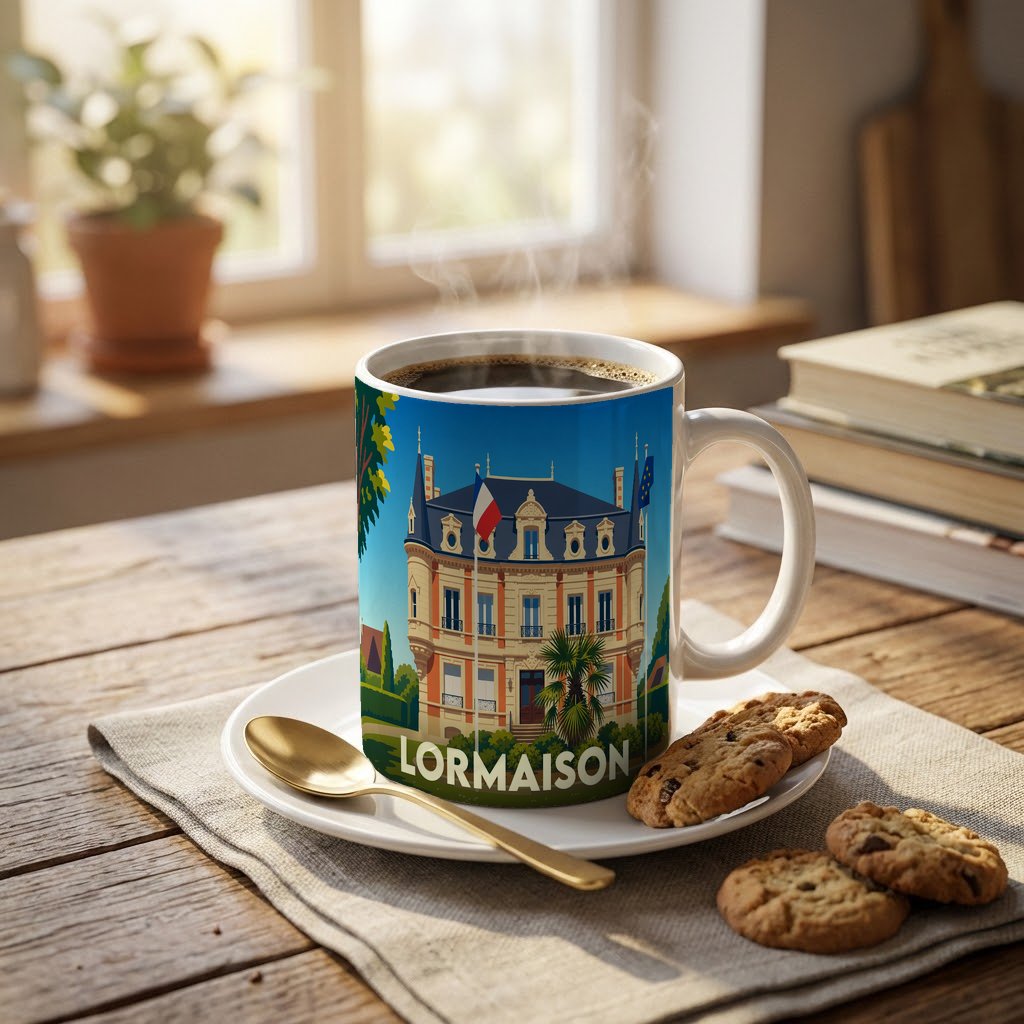 Mug souvenir de la ville de Lormaison illustré d'un manoir sous un ciel bleu.