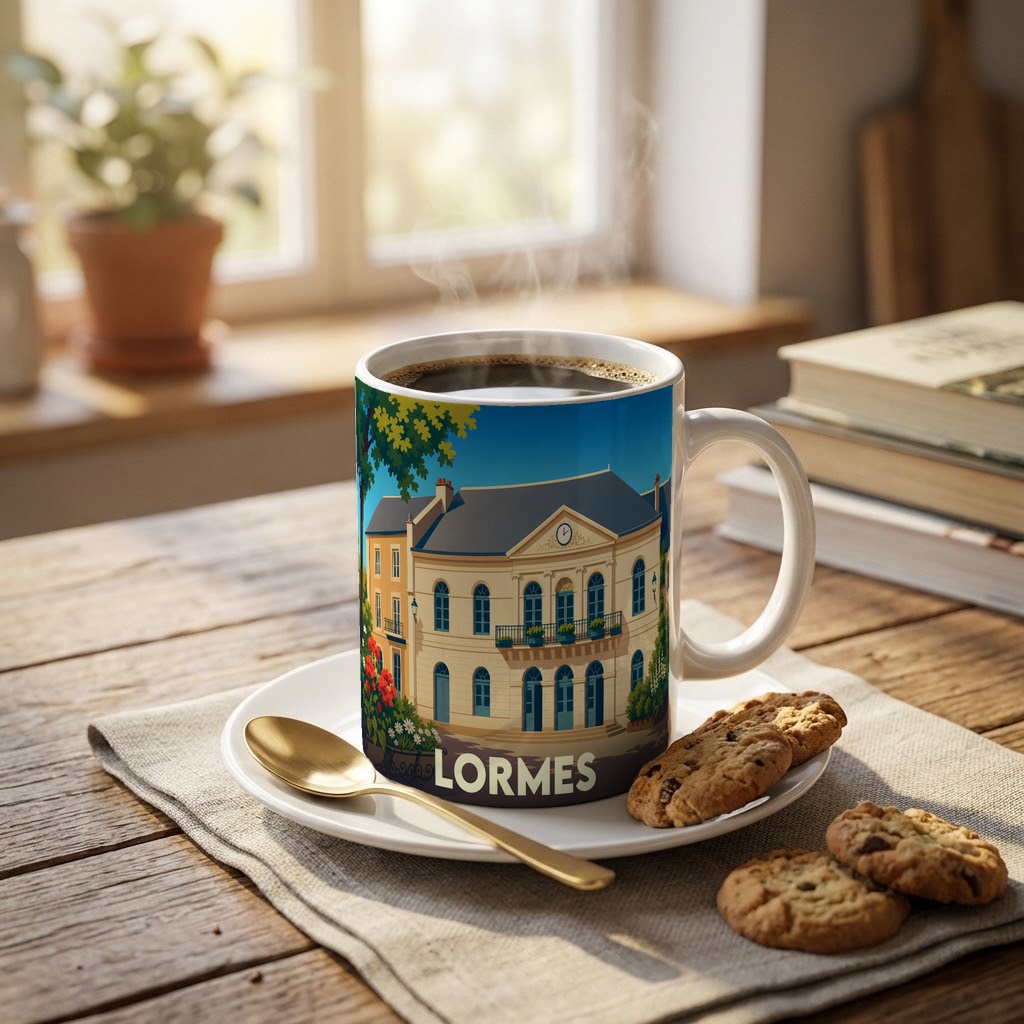 Mug souvenir de la ville de Lormes avec une illustration stylisée de son hôtel de ville.