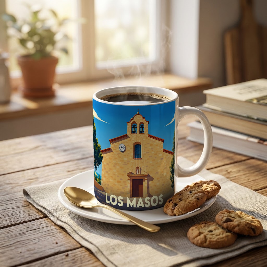 Mug souvenir de la ville de Los Masos avec une illustration stylisée d'une église sous un ciel bleu.