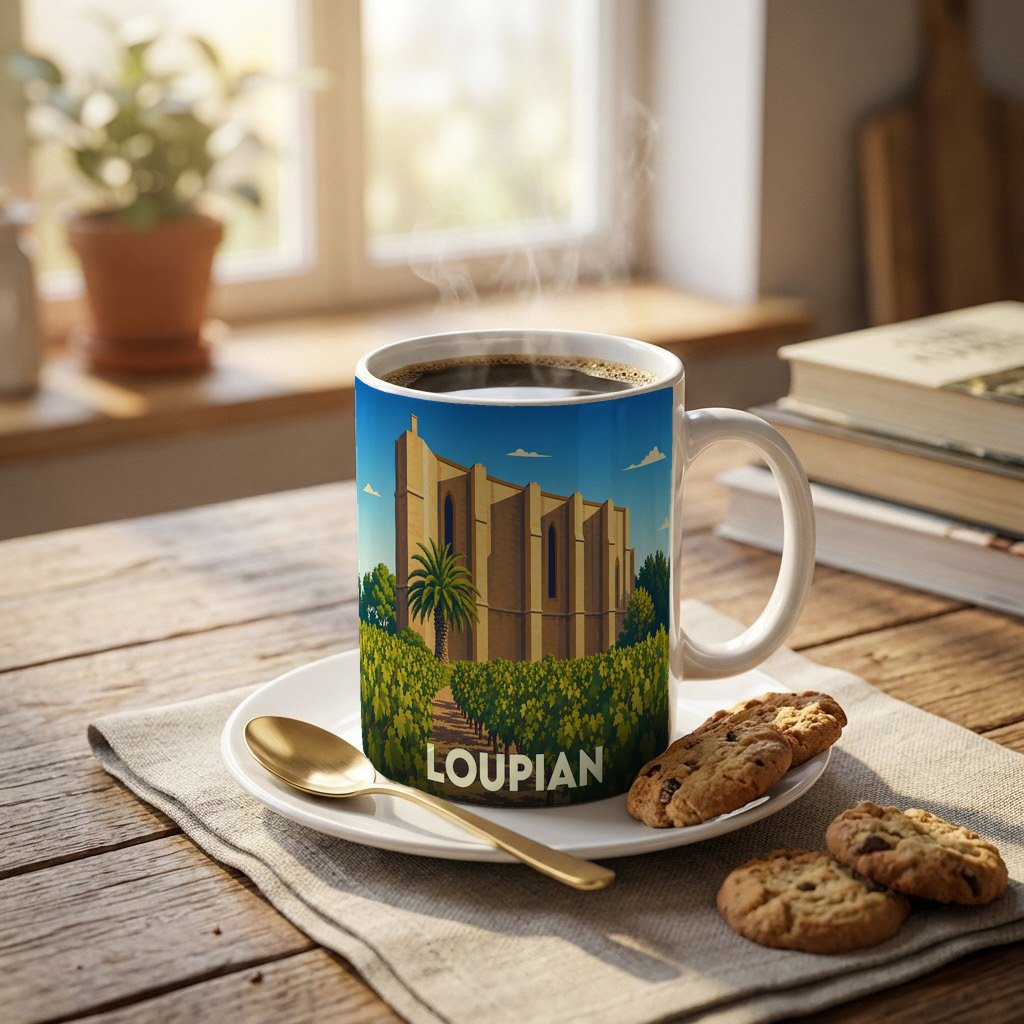 Mug souvenir de la ville de Loupian orné d'une illustration stylisée de son église entourée de vignes.