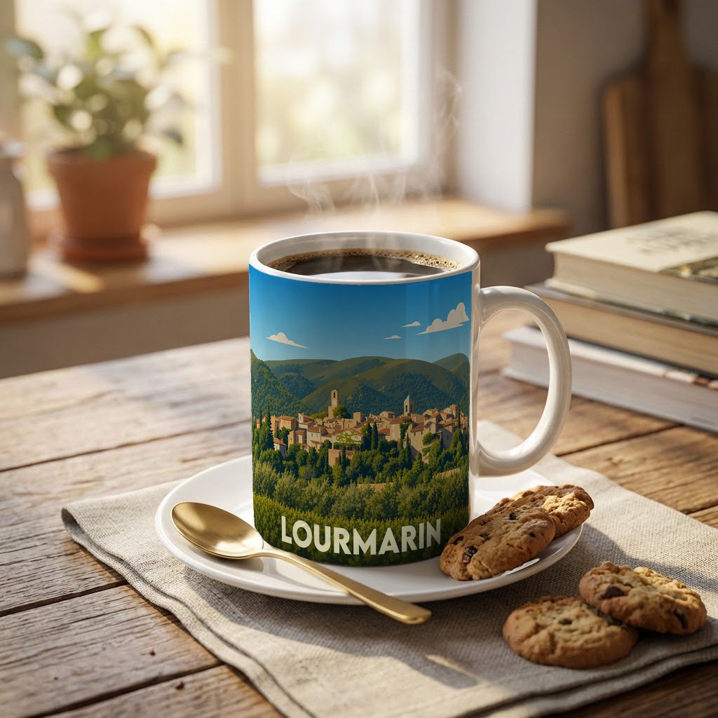 Mug souvenir de la ville de Lourmarin orné d'une illustration stylisée de son village provençal.