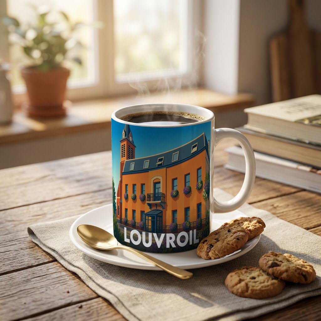 Mug souvenir de la ville de Louvroil illustré d'un bâtiment typique coloré.