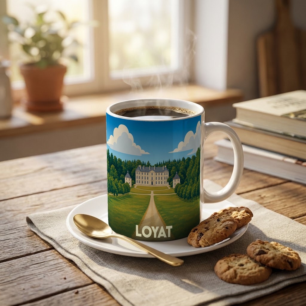 Mug souvenir de la ville de Loyat avec une illustration stylisée d'un château.