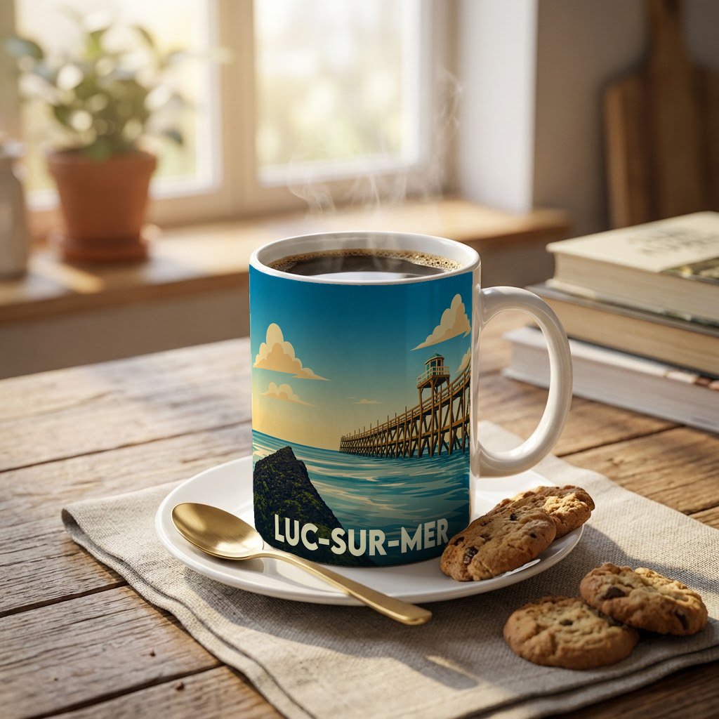Mug souvenir de la ville de Luc-sur-Mer orné d'une illustration stylisée de sa célèbre jetée en bois.