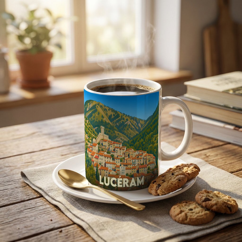 Mug souvenir de la ville de Lucéram orné d'une illustration stylisée du village et de ses montagnes.