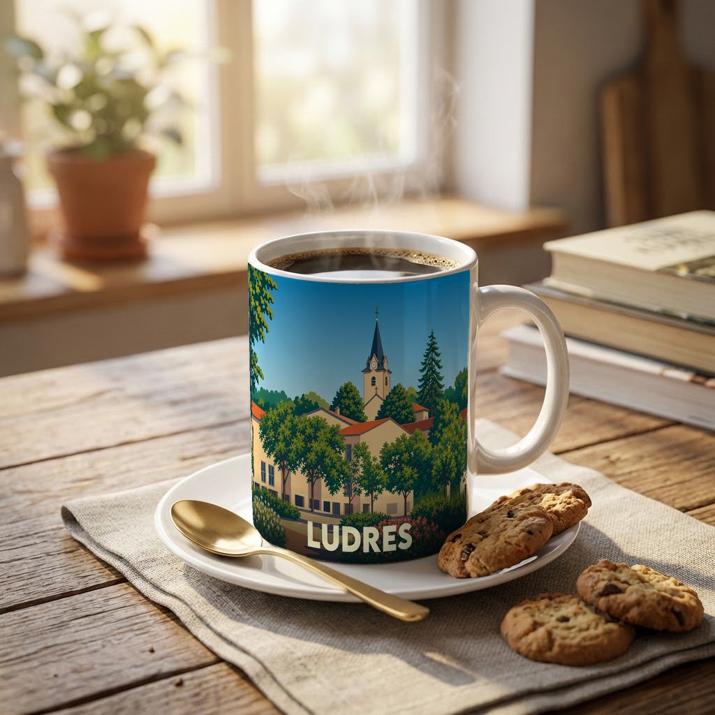 Mug souvenir de la ville de Ludres orné d'une illustration stylisée de son paysage urbain et de son église.