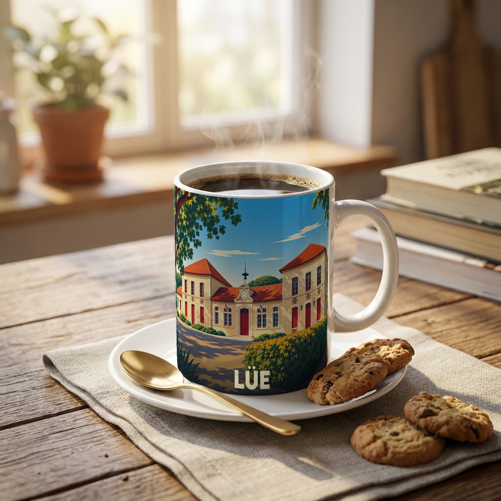 Mug souvenir de la ville de Lüe orné d'une illustration stylisée de sa mairie.