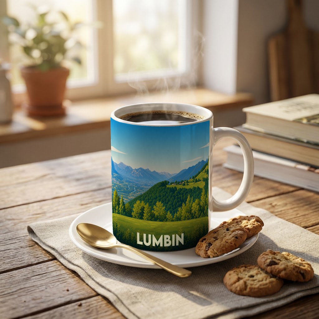 Mug souvenir de la ville de Lumbin avec une illustration stylisée de paysages montagneux.