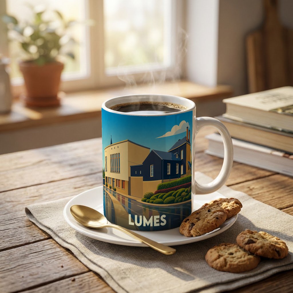 Mug souvenir de la ville de Lumes orné d'une illustration urbaine stylisée et colorée.