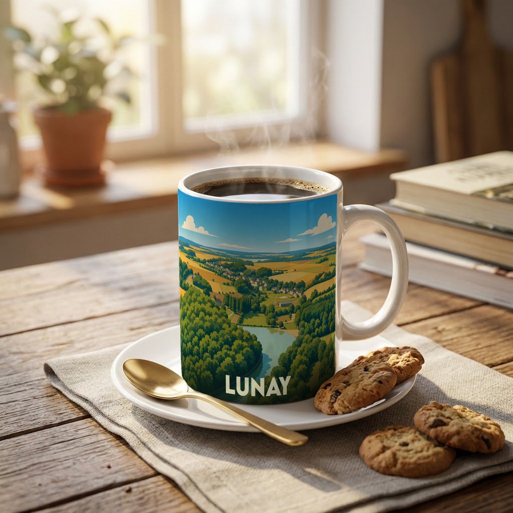 Mug souvenir de la ville de Lunay orné d'une illustration paysagère stylisée.