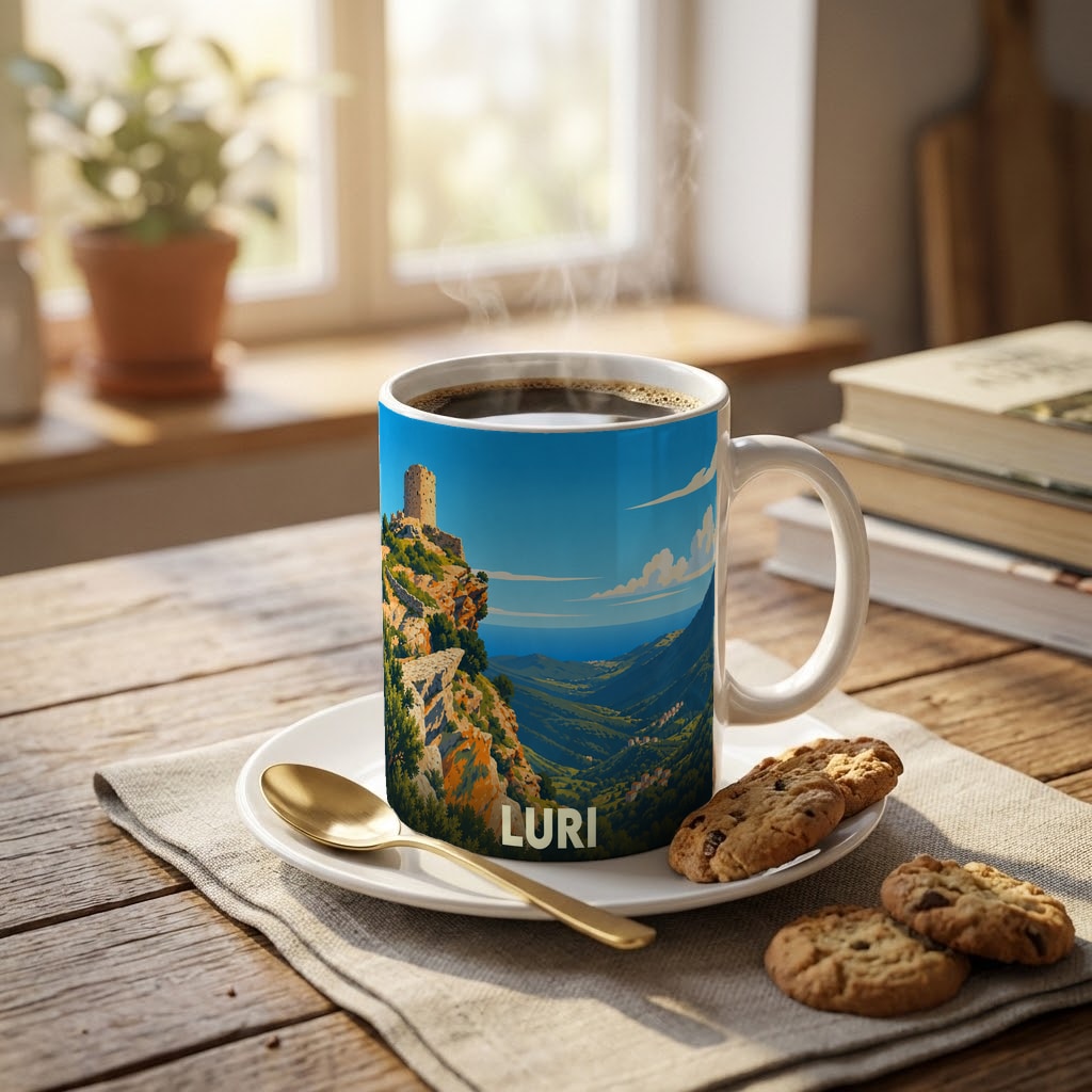 Mug souvenir de la ville de Luri orné d'une illustration stylisée de sa tour historique et de ses paysages montagneux.