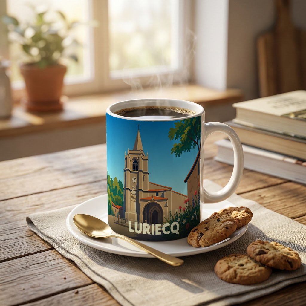 Mug souvenir de la ville de Luriecq avec une illustration stylisée de son église.