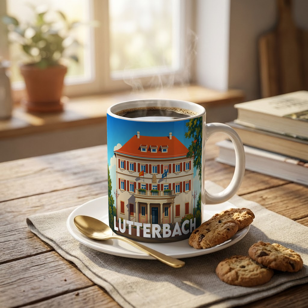 Mug souvenir de la ville de Lutterbach illustré d'un bâtiment historique stylisé, posé sur une table en bois.