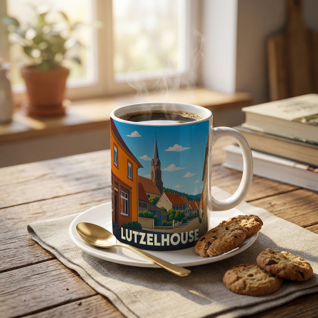 Mug souvenir de la ville de Lutzelhouse avec une illustration stylisée.