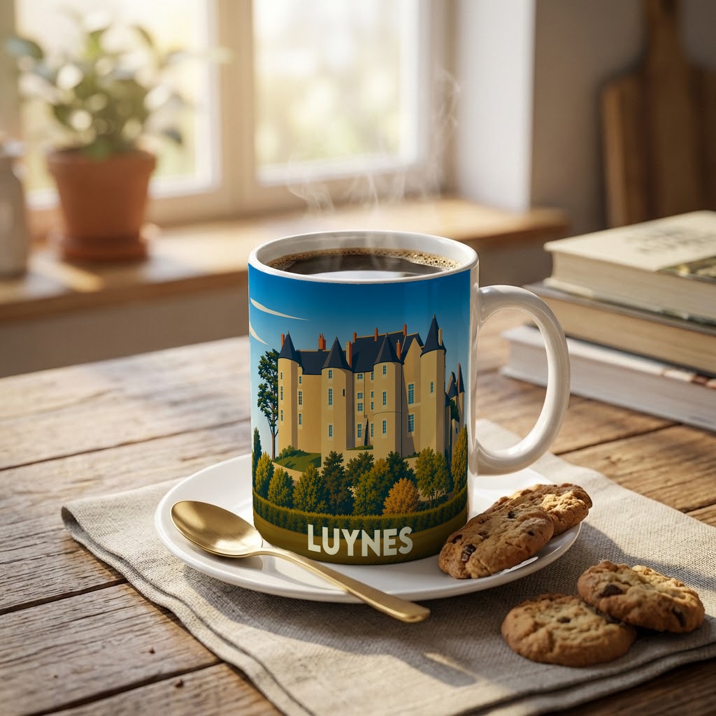 Mug souvenir de la ville de Luynes orné d'une illustration stylisée de son château médiéval.