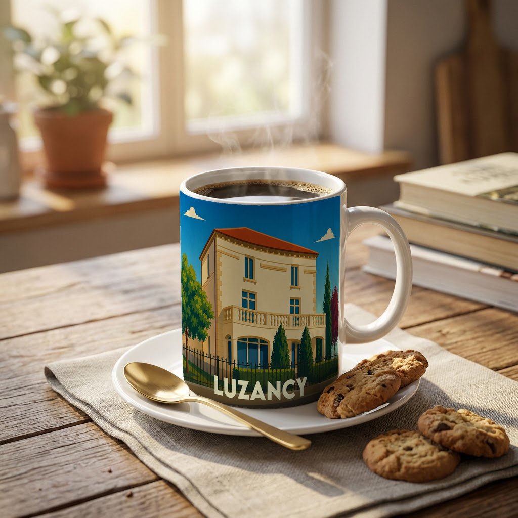 Mug souvenir de la ville de Luzancy avec une illustration stylisée d'une demeure bourgeoise.