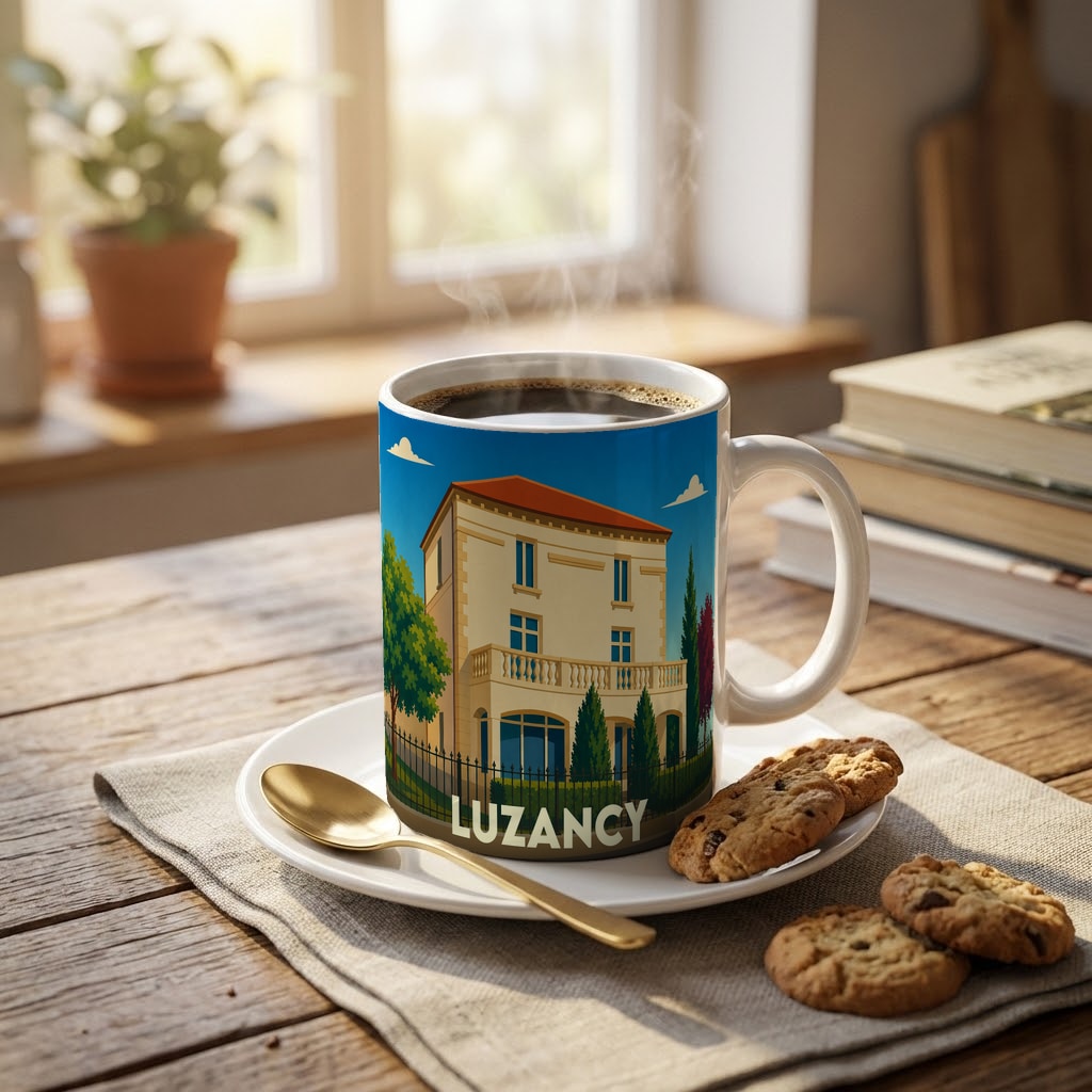 Mug souvenir de la ville de Luzancy avec une illustration stylisée d'une demeure bourgeoise.