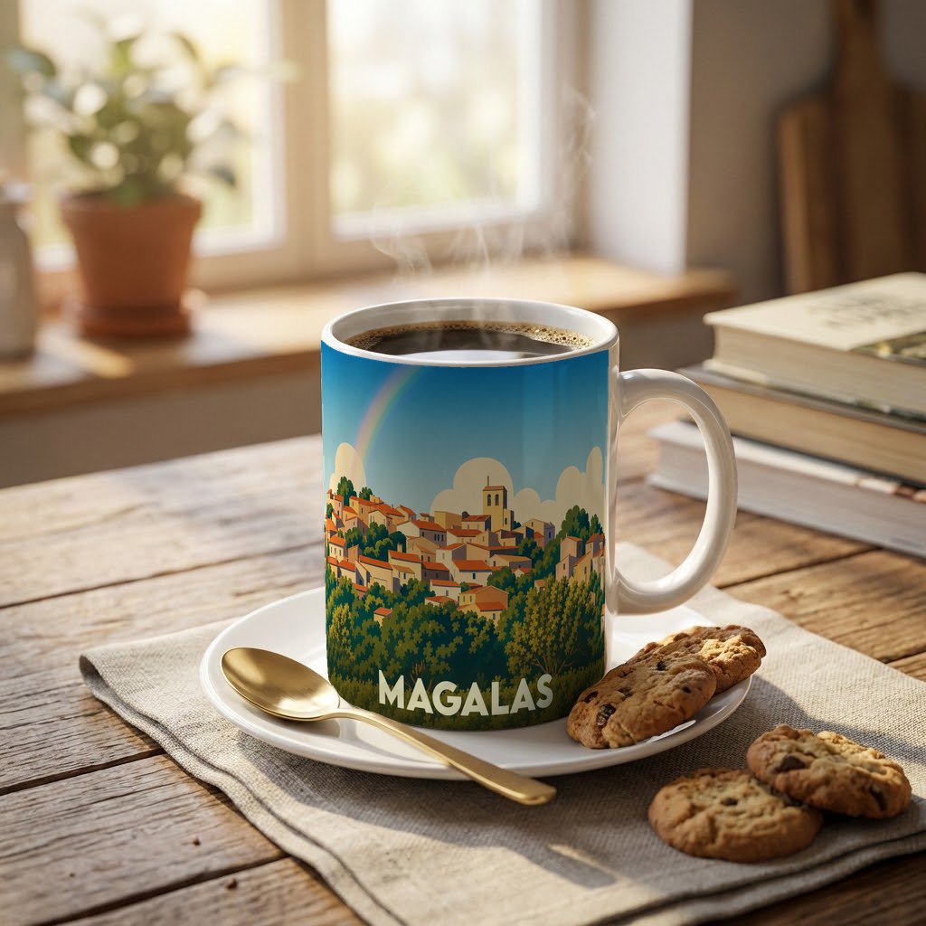 Mug souvenir de la ville de Magalas avec une illustration stylisée d'un village méditerranéen sous un arc-en-ciel.