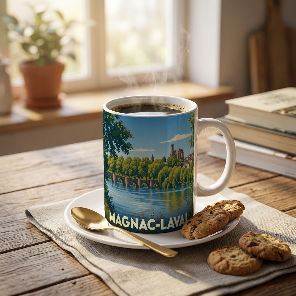Mug souvenir de la ville de Magnac-Laval avec une illustration stylisée d'un pont et d'une église au bord de l'eau.