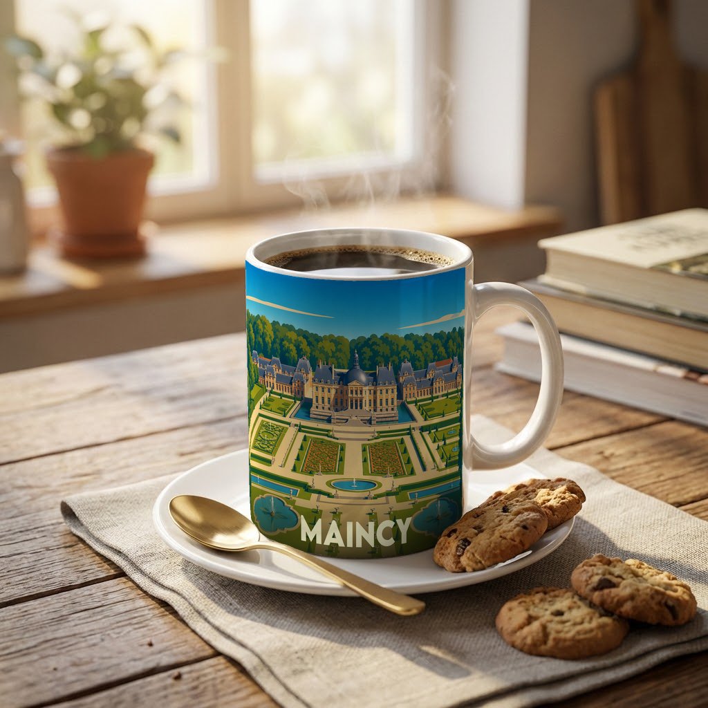 Mug souvenir de la ville de Maincy avec une illustration stylisée du château de Vaux-le-Vicomte et ses jardins.