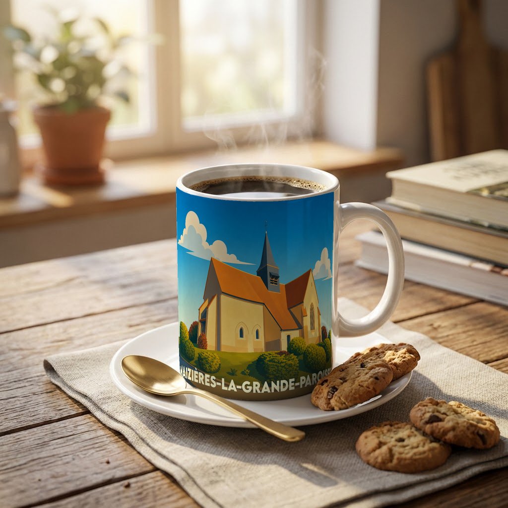 Mug souvenir de la ville de Maizières-la-Grande-Paroisse avec une illustration stylisée de son église.