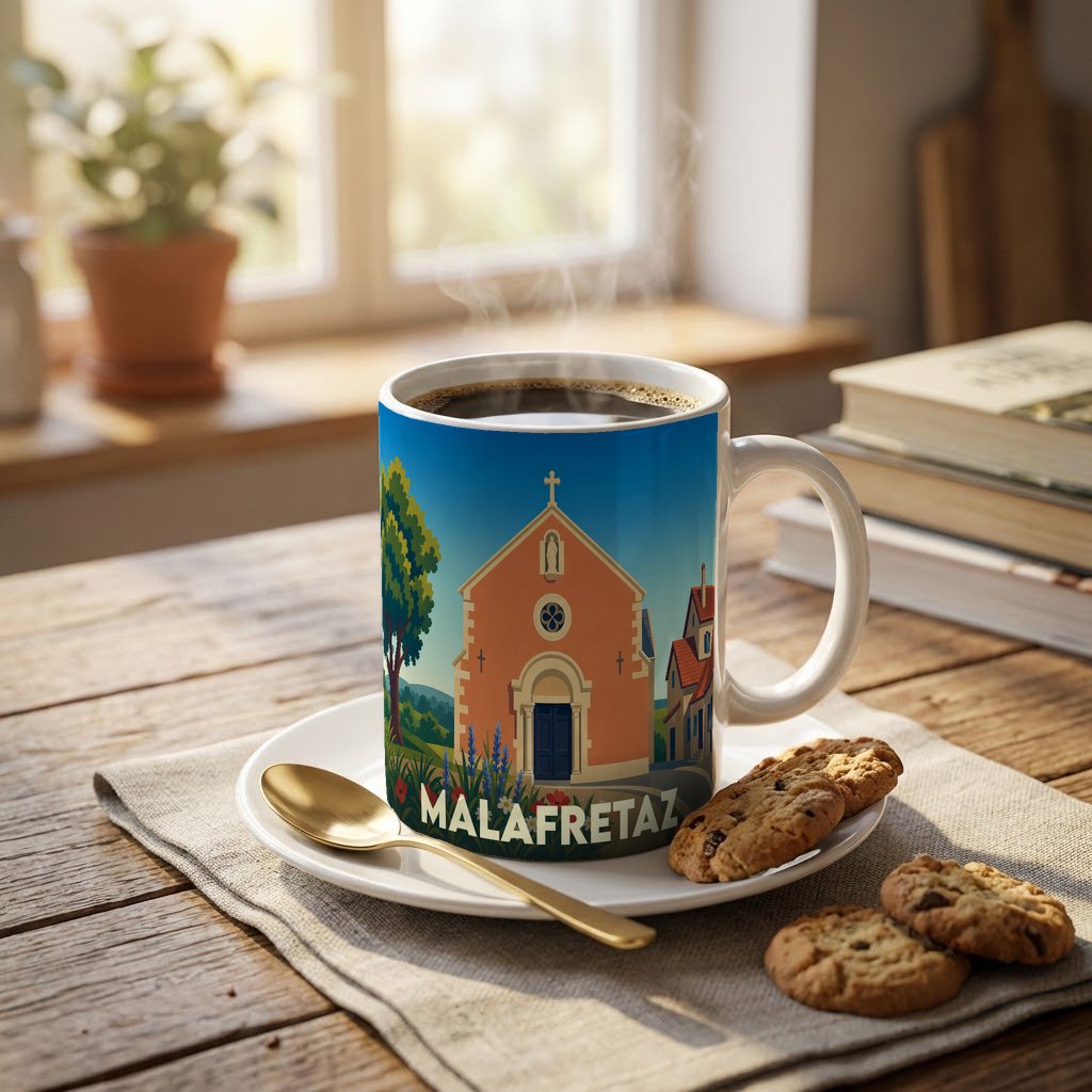 Mug souvenir de la ville de Malafretaz avec une illustration stylisée d'une église sous un ciel bleu.
