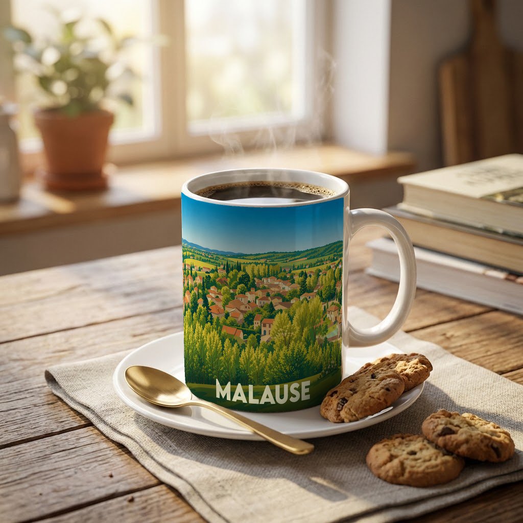 Mug souvenir de la ville de Malause orné d'une illustration paysagère stylisée.