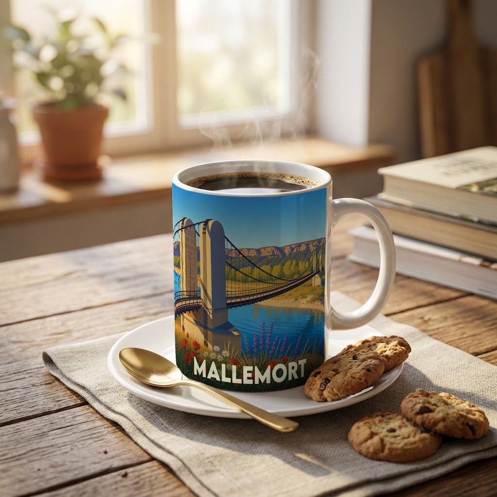 Mug souvenir de la ville de Mallemort illustré par un pont suspendu dans un style vintage.