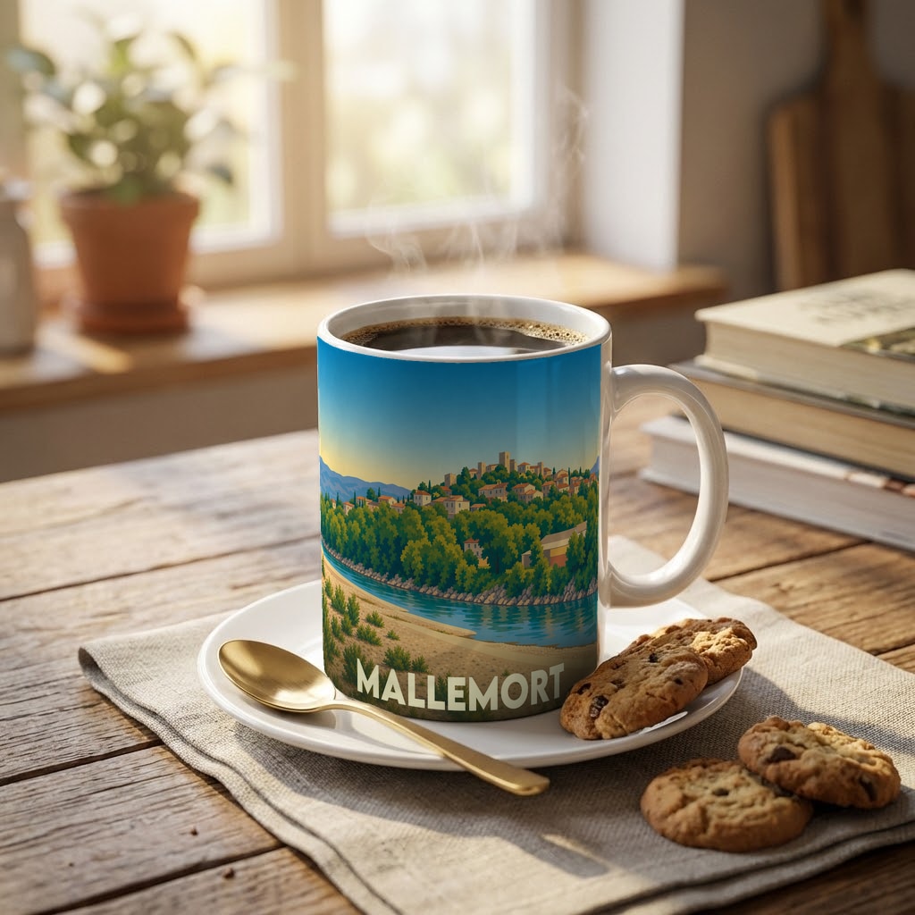 Mug souvenir de la ville de Mallemort illustré par un pont suspendu dans un style vintage.