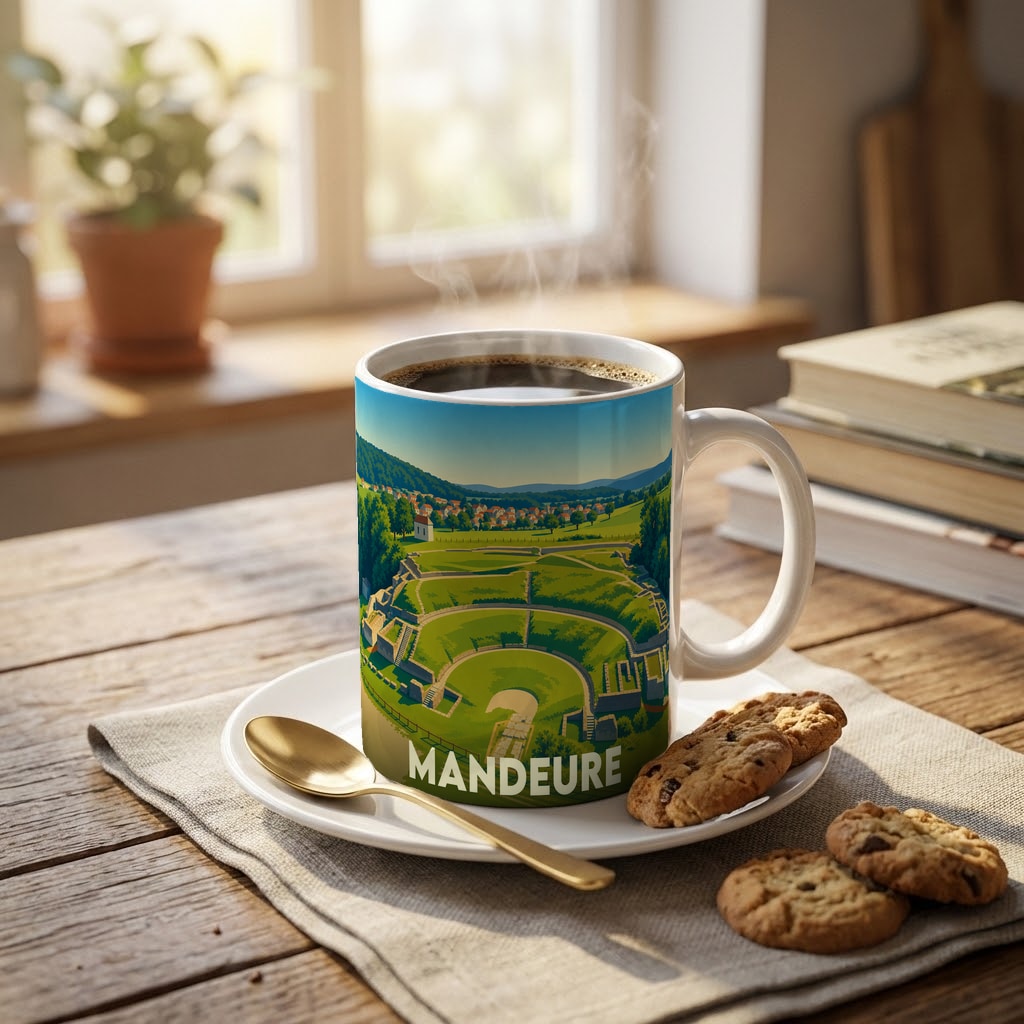 Mug souvenir de la ville de Mandeure avec une illustration stylisée de son théâtre antique.