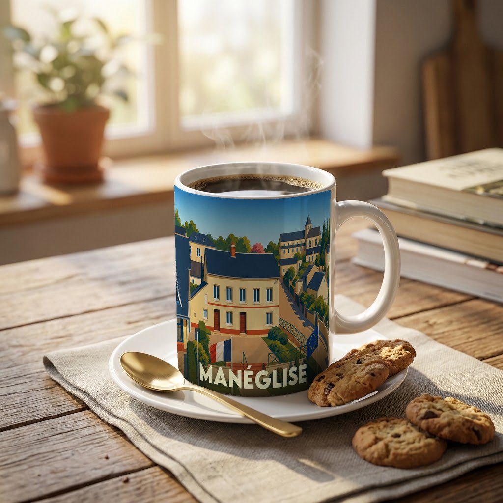 Mug souvenir de la ville de Manéglise avec une illustration stylisée et colorée.