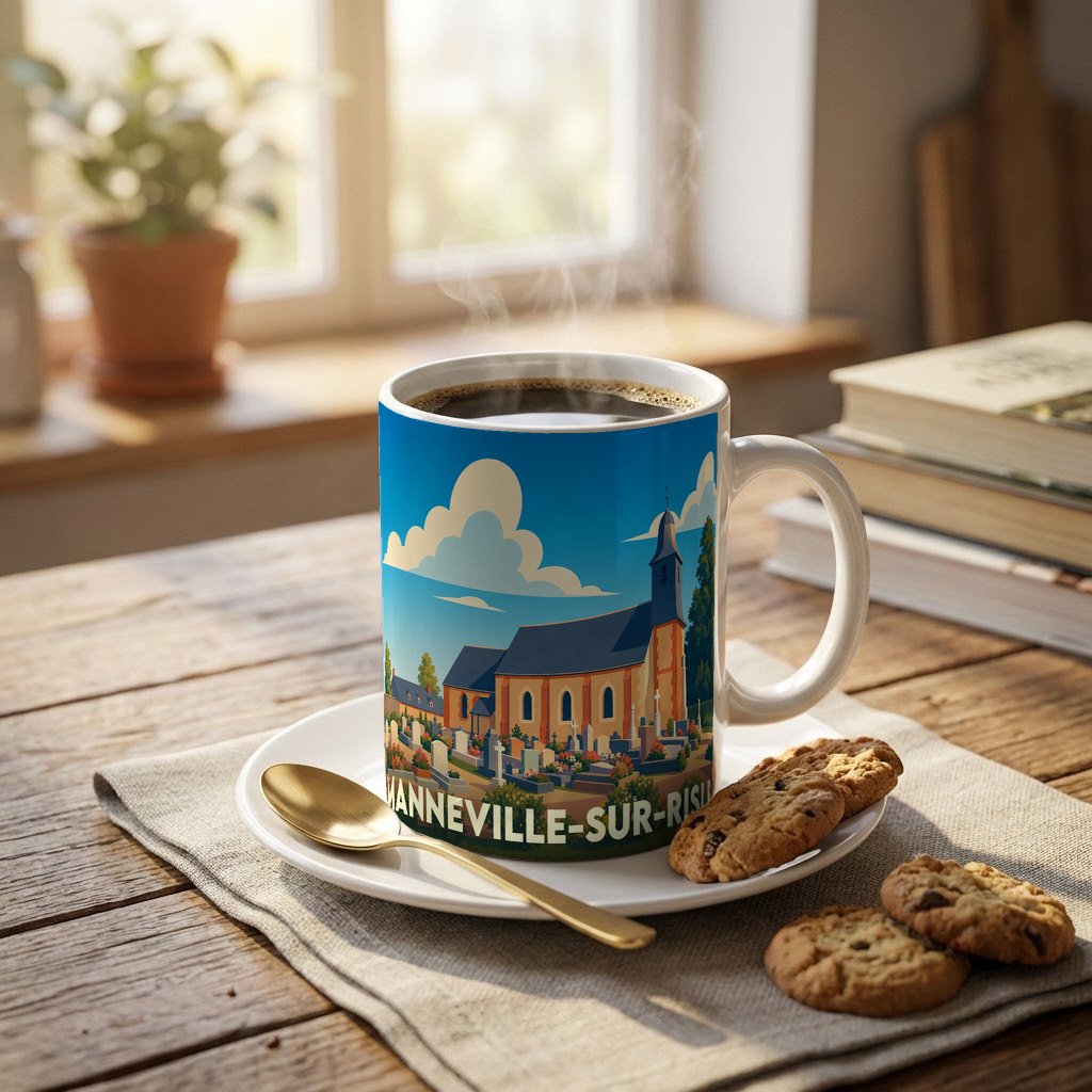 Mug souvenir de la ville de Manneville-sur-Risle avec une illustration stylisée d'une église et de son cimetière.