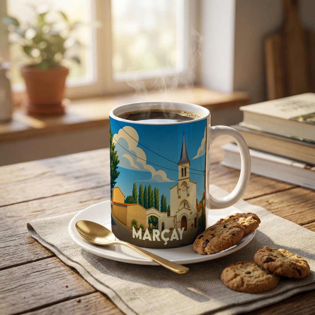 Mug souvenir de la ville de Marçay avec une illustration stylisée de son église et de ses paysages.
