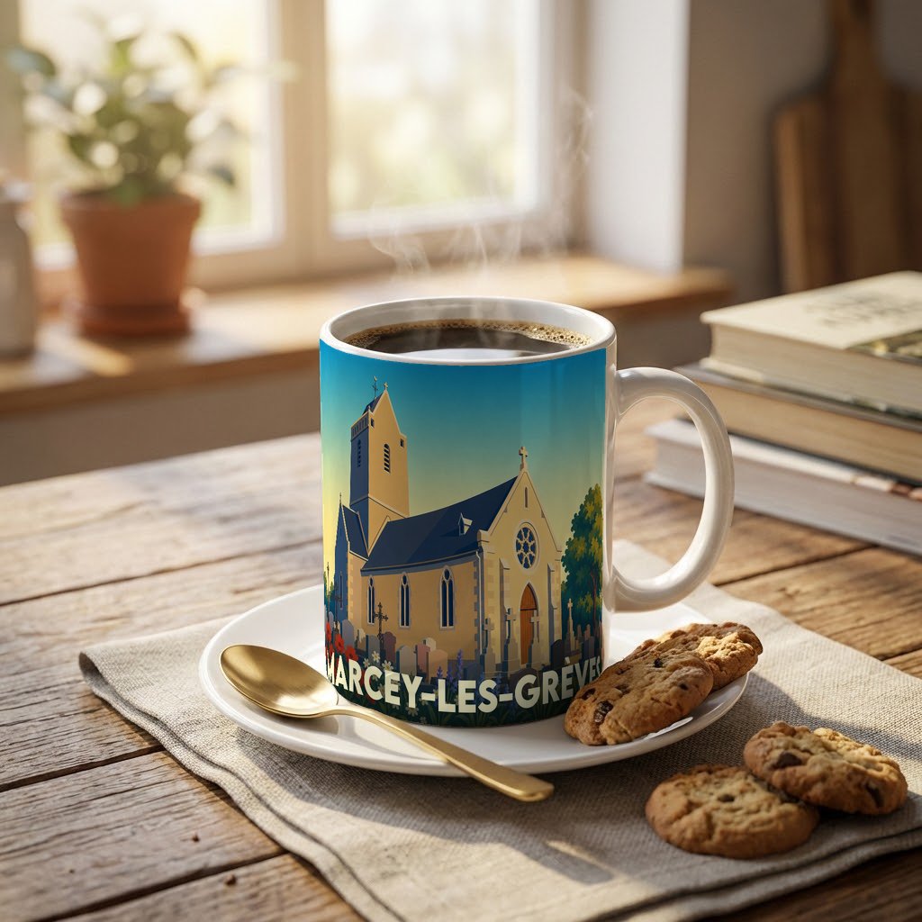 Mug souvenir de la ville de Marcey-les-Grèves orné d'une illustration stylisée de son église.