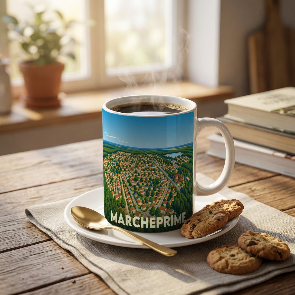 Mug souvenir de la ville de Marcheprime avec une illustration aérienne stylisée.